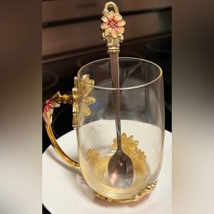 Elegant Gold and Pink Floral Glass Mug and Spoon
